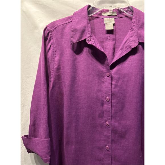 Chicos No Iron Linen Top Women’s Medium Button Up Purple 3/4 Sleeve Career - Picture 2 of 12